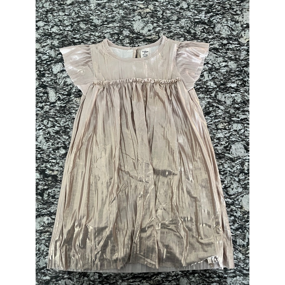 OshKosh Bgosh Toddler Girls Metallic Rose Gold Pleated Flutter Sleeve Dress 4T